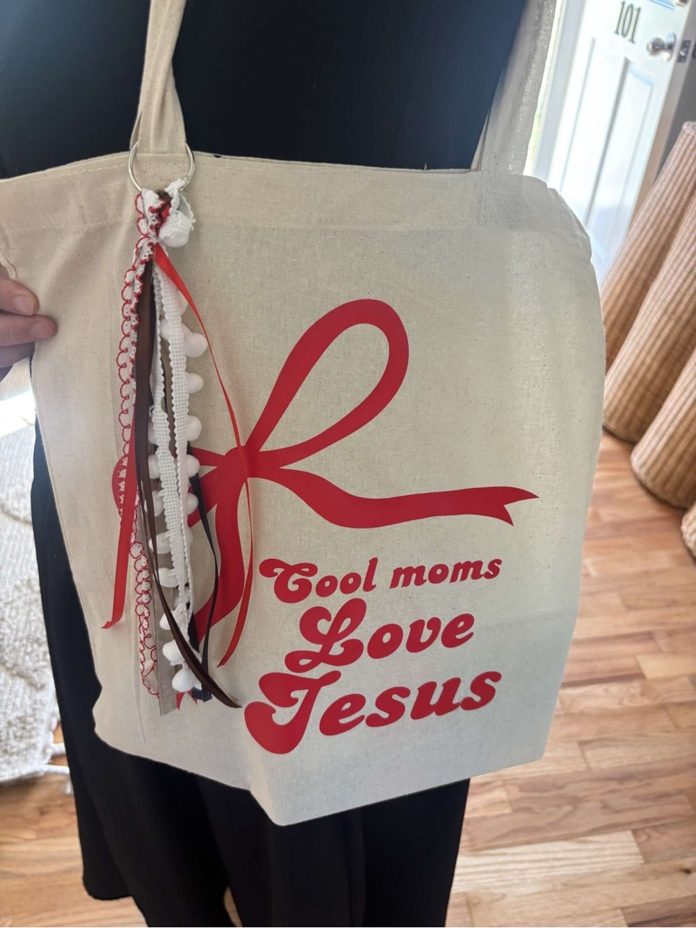 Cool Moms Love Jesus Red Graphic Canvas Tote Bag